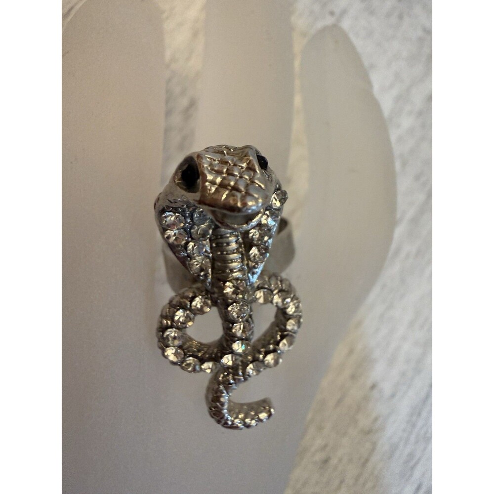 Vintage Silver Tone Rhinestone Cobra Snake Ring Coiled Serpent Clear Crystal 6.5